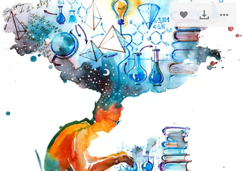 Watercolor of a person with science elements, books, and thought bubbles ART.