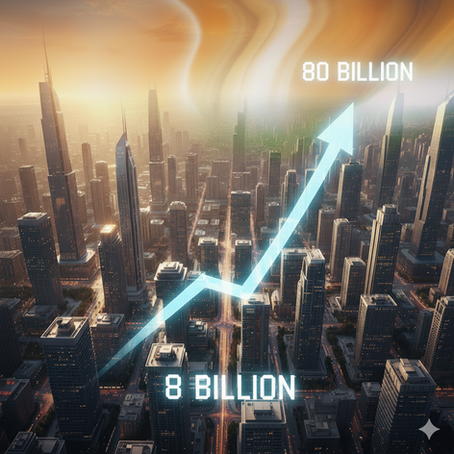 "Visual representation of Godrej Properties' goal to scale from 8 Billion to 80 Billion. A large, ascending arrow dominates a skyscraper-filled landscape, dramatically highlighting the target '80 Billion' over the starting point '8 Billion.'"