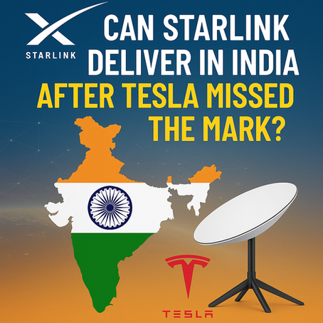 Headline ‘Can Starlink Deliver in India?’ over a blue-orange gradient, with Starlink logo, India map in flag colors, and a satellite dish.