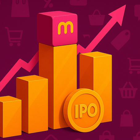 A 3D-style digital illustration showing Meesho’s growth ahead of its IPO. A pink cube with Meesho’s logo sits atop rising orange bars, alongside a golden coin labeled “IPO.”
