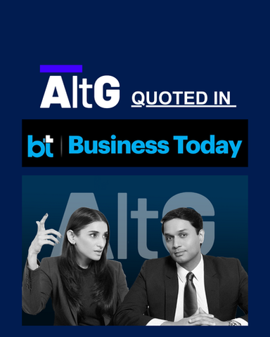 Promotional graphic showing the AltG logo with the text “Quoted in Business Today,” featuring two business professionals Poornima Vardhan and Taponeel Mukherjee in conversation against a dark blue background.