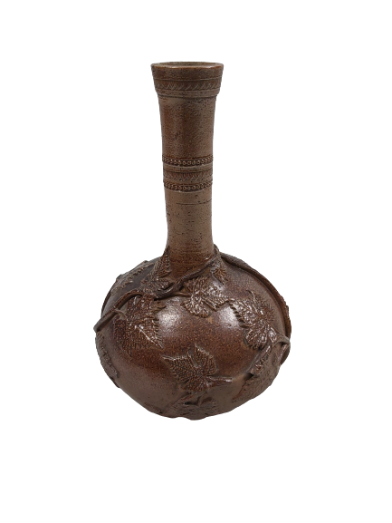 Thumbnail: Pan-necked vase in brown sandstone with relief decoration of foliage and leaves.