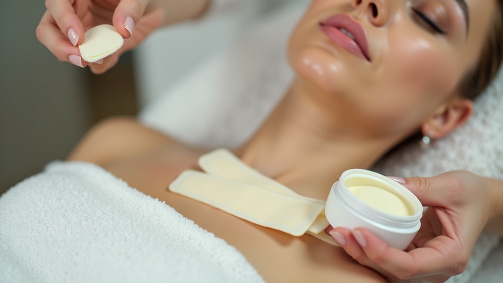 Entspannte Frau bei Gesichtsbehandlung im Spa, Lotion auf dem Hals, Hand hält Cremetiegel und Pads.