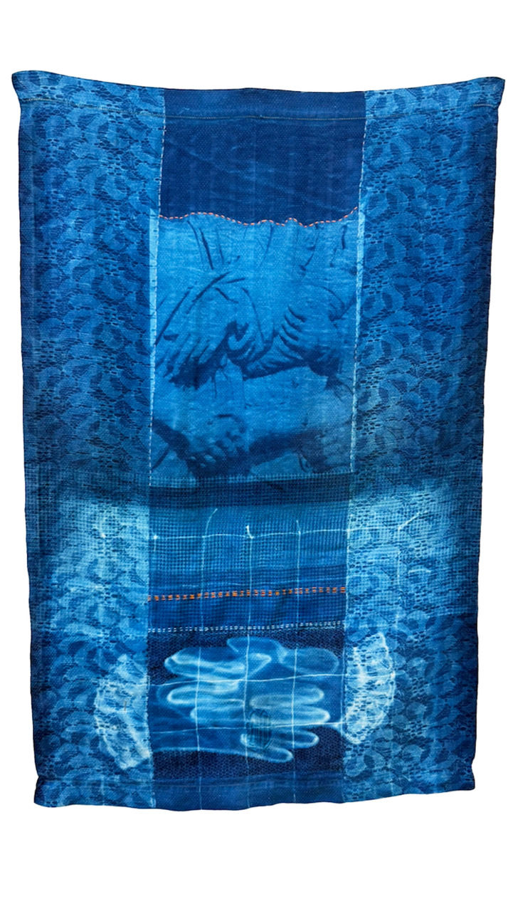 Handshake: (Dexiosis) 22x32, hand stitching on cyanotype on vintage linen, applique