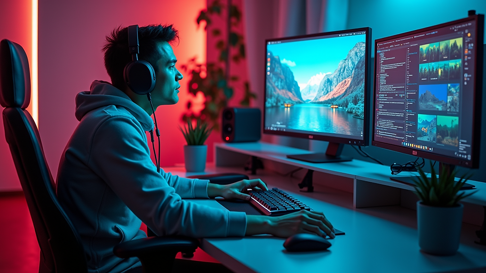 High angle view of futuristic gaming setup featuring advanced technologies