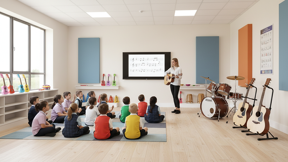 Eye-level view of a modern classroom with musical instruments arranged neatly