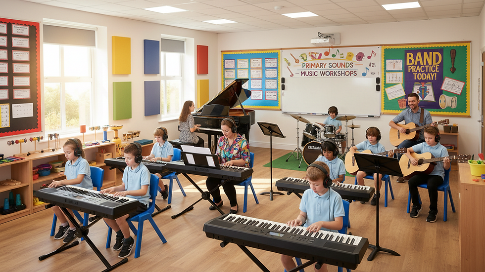 Eye-level view of a music classroom with a keyboard and guitar