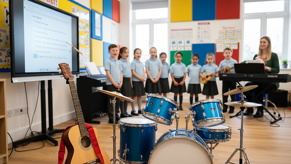 Close-up view of a guitar and drum set in a school music room