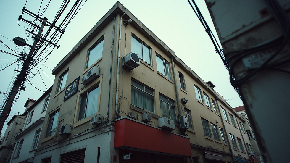 High angle view of commercial building exterior with electrical wiring