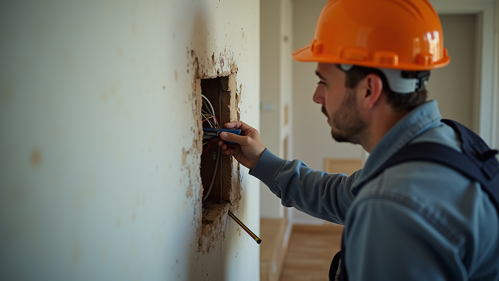 Close-up view of an electrician installing wiring inside a home wall