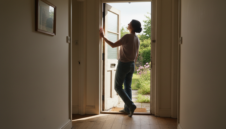 Eye-level view of a person standing near an open doorway with one hand on the frame