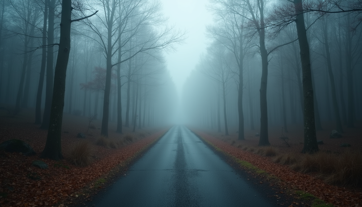 Eye-level view of a winding path disappearing into a foggy forest