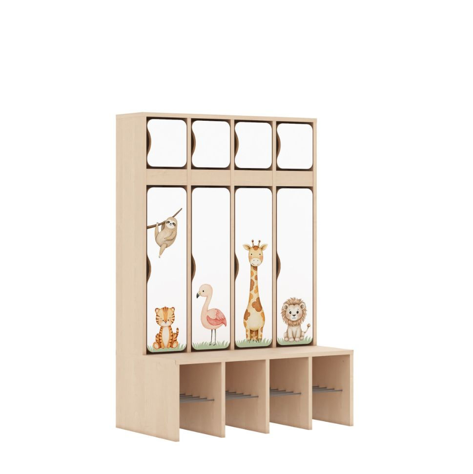 Miniaturbild: Kita Garderobe Animals mit 4 Plätzen und integrierter Sitzbank