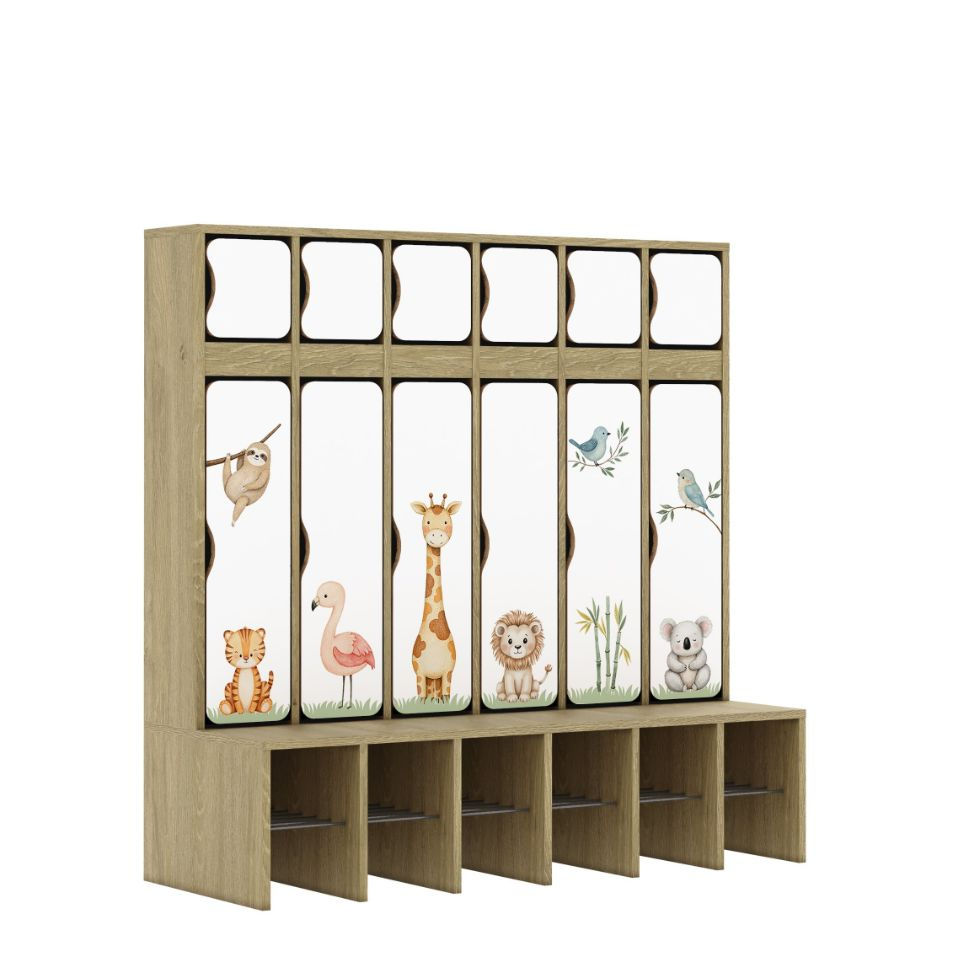 Miniaturbild: Detail der integrierten Sitzbank an der Kita Garderobe Animals