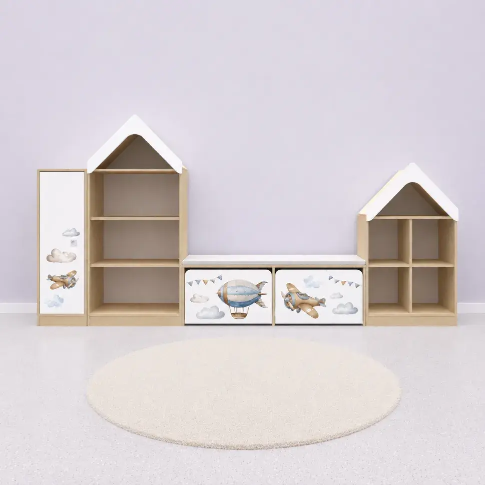 Miniaturbild: BLOX-Base Möbel Set 12 mit Hausregal, Sitzbank und Aufbewahrung für Kita, Kindergarten und Krippe.