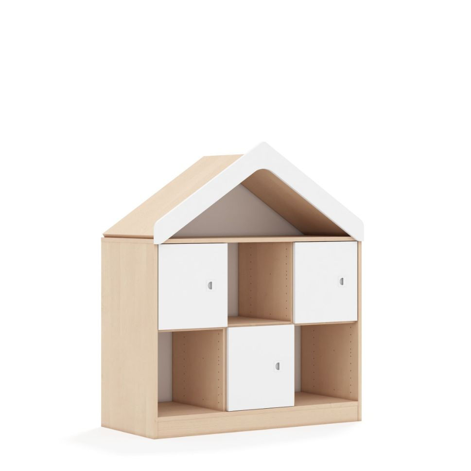 Miniaturbild: Kita Hausregal Blox 3F1 in Birke mit Hausdach, offenen Regalfächern und Türen für Kindergarten und Kita.