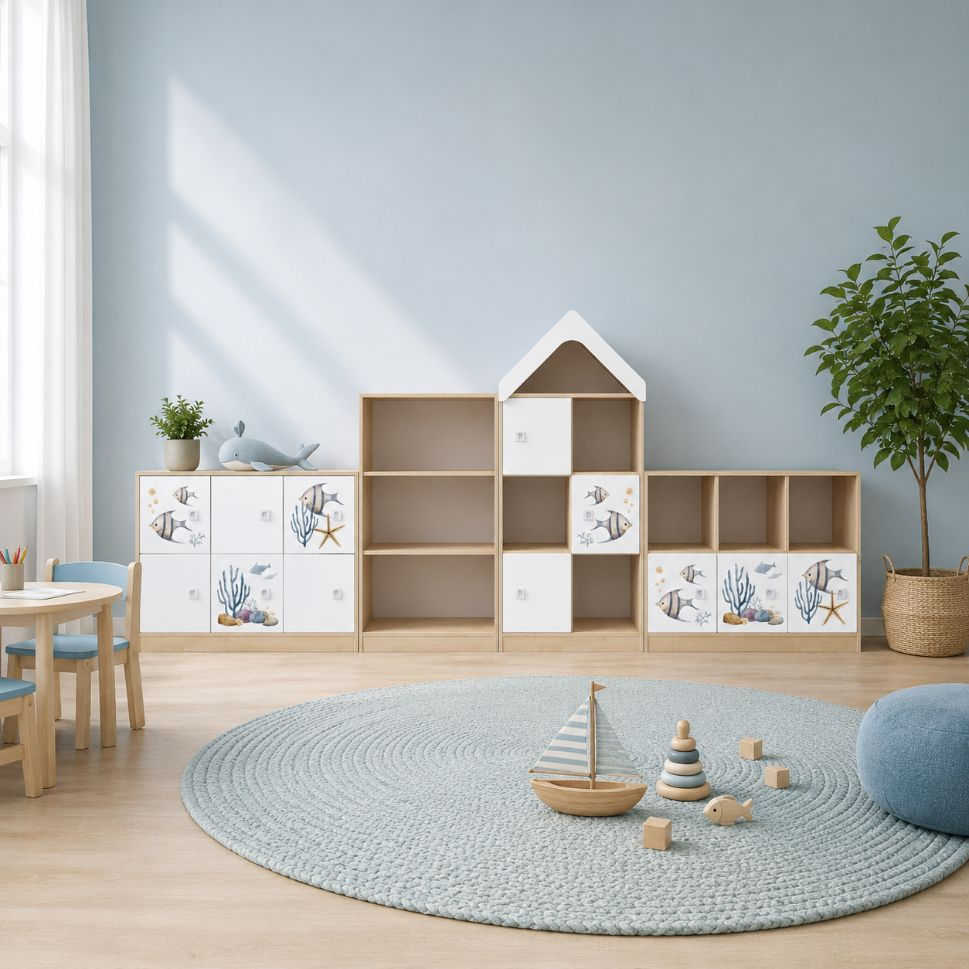 Miniaturbild: Kita & Kindergarten Möbel Set BLOX Water mit maritimen Motiven und funktionalen Kindergartenmöbeln