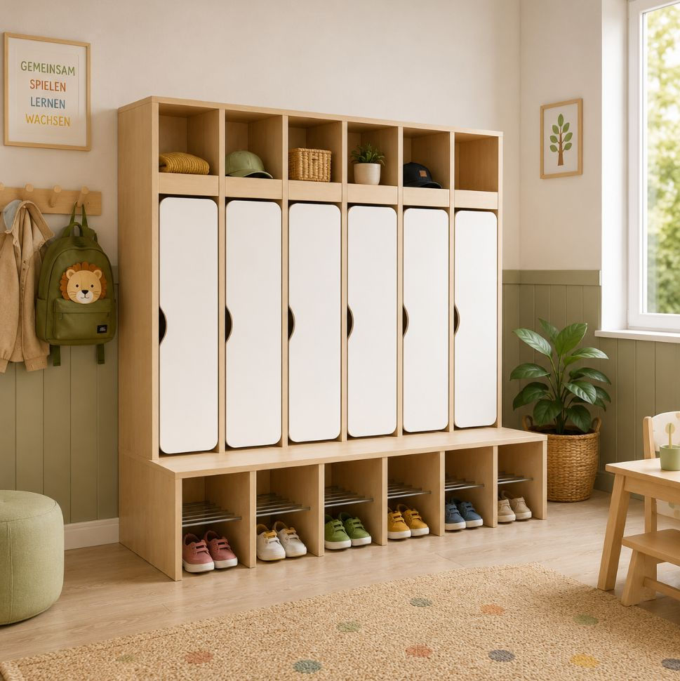 Kita Garderobe Eco Kids mit Sitzbank und natürlichem Design für Kindergarten und Kita