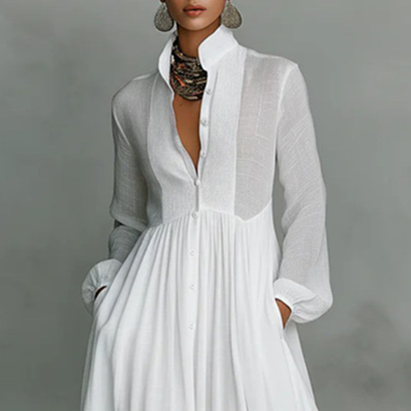 Thumbnail: Robe Longue Élégante Femme – Taille Haute, Plissée, Poches
