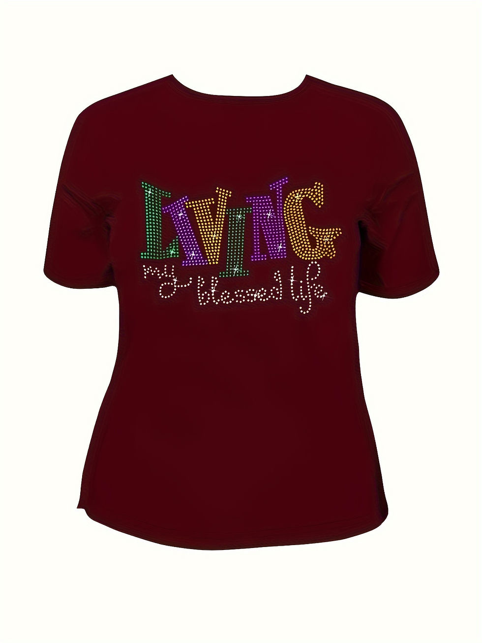 Miniature : Plus Size Womens Rhinestone Alphabet Crew Neck Short Sleeve High Stretch Casual 