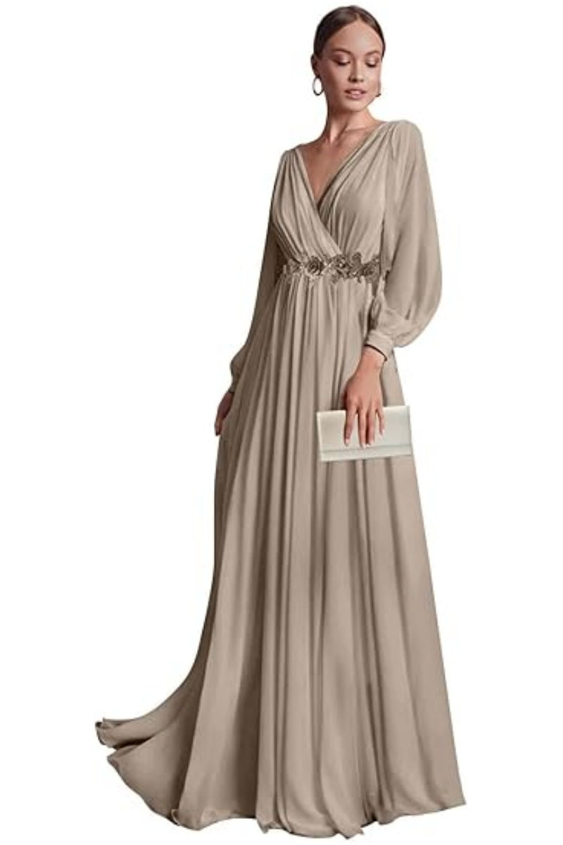Miniature : Robe col en V avec manches – Dentelle appliquée, chiffon