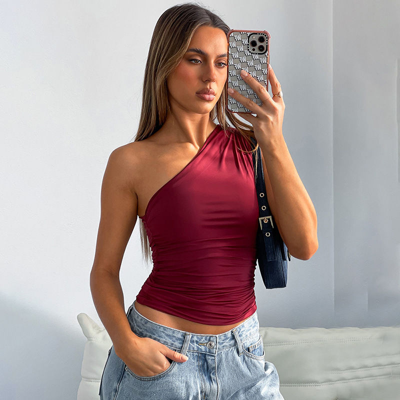 Thumbnail: Top moulant une épaule sans dos – Débardeur sexy couleur unie, coupe ajusté
