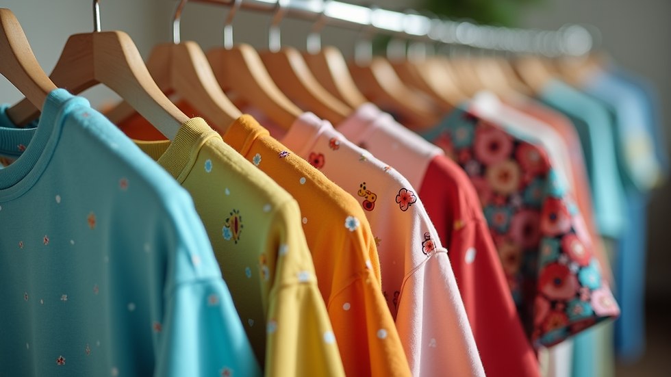 Eye-level view of a colorful t-shirt with playful patterns on a hanger