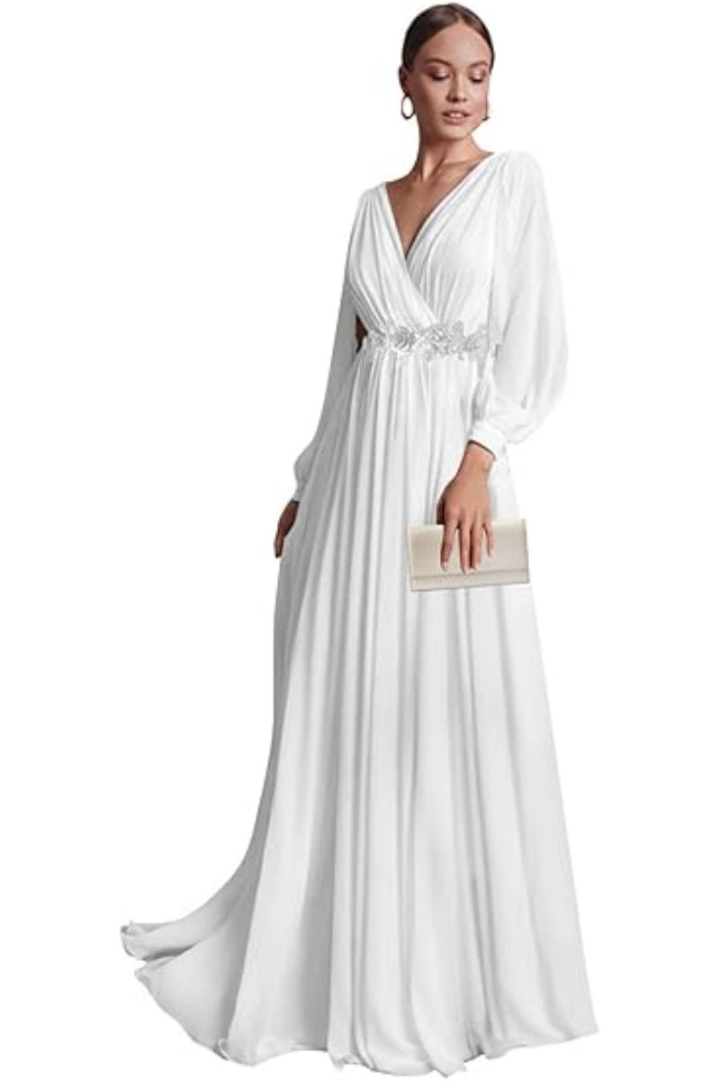 Miniature : Robe col en V avec manches – Dentelle appliquée, chiffon