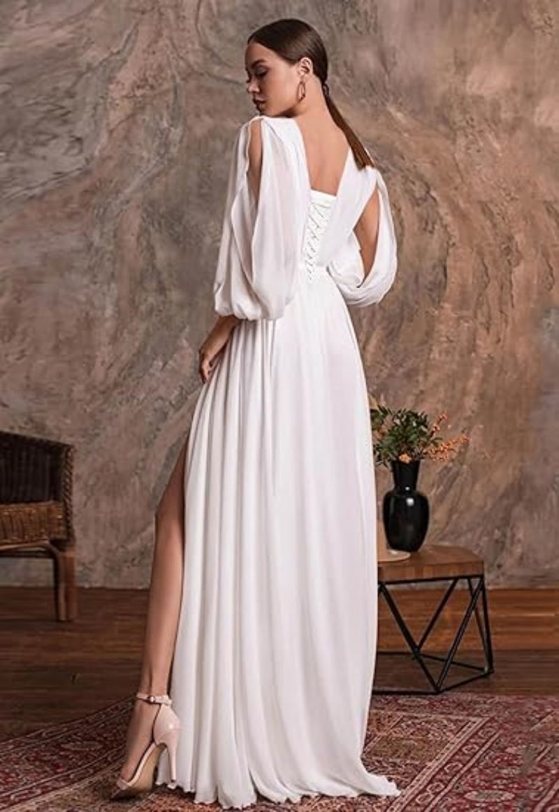 Miniature : Robe col en V avec manches – Dentelle appliquée, chiffon