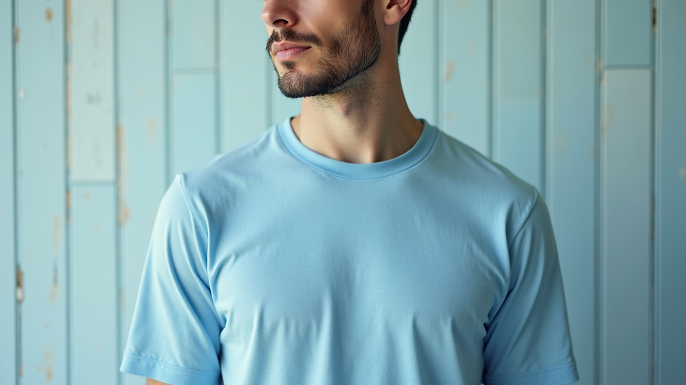 Vue rapprochée d’un t-shirt homme bleu pastel posé sur une surface en bois clair