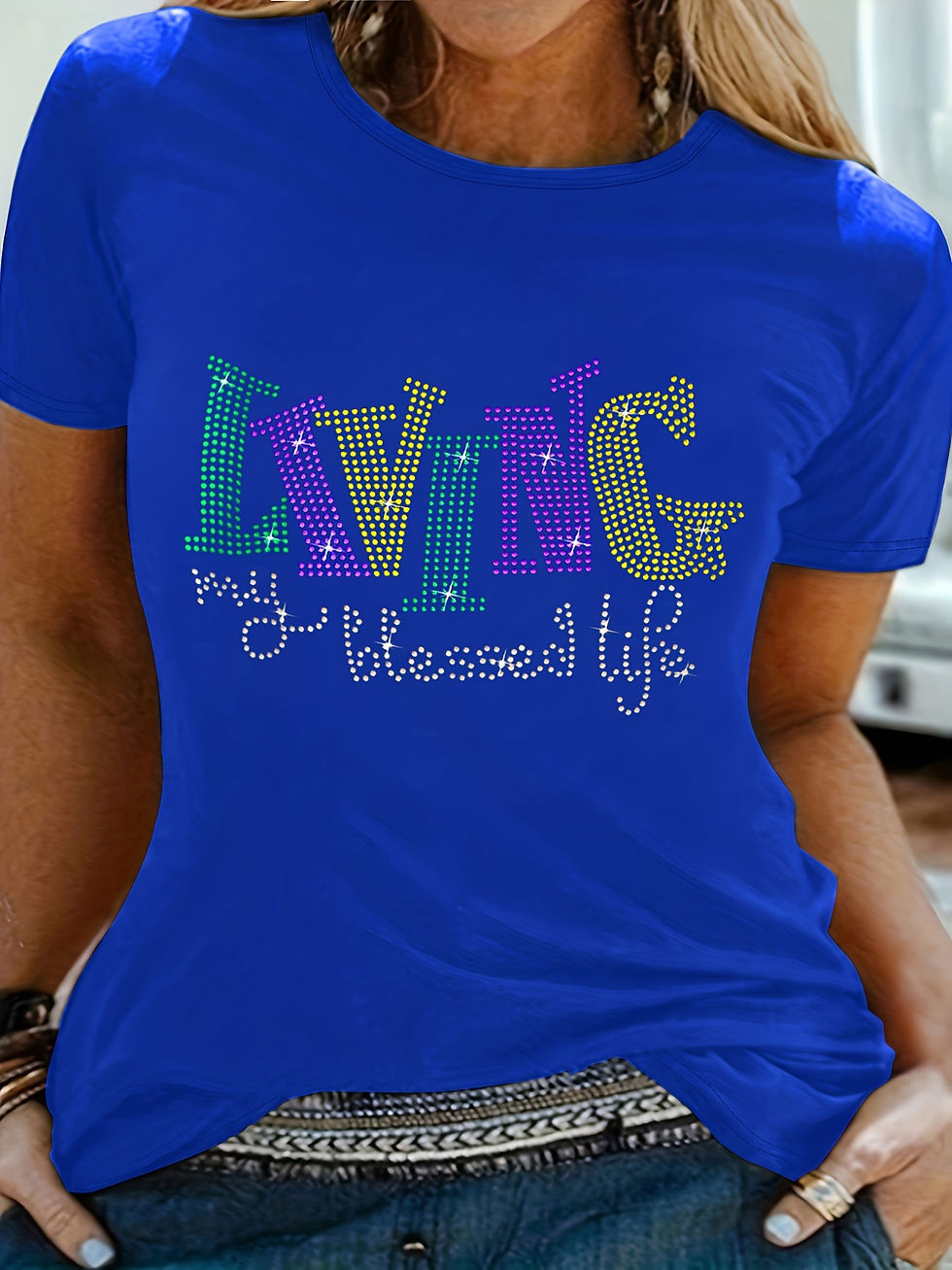 Miniature : Plus Size Womens Rhinestone Alphabet Crew Neck Short Sleeve High Stretch Casual 