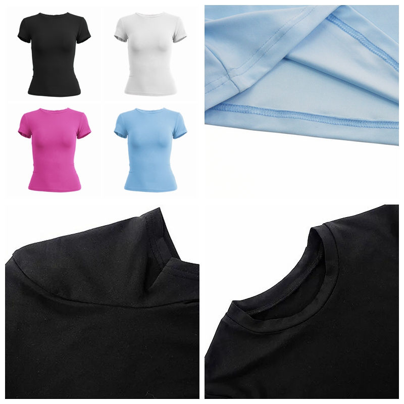 Miniature : T-shirt femme à manches courtes, coupe slim, col rond, en maille