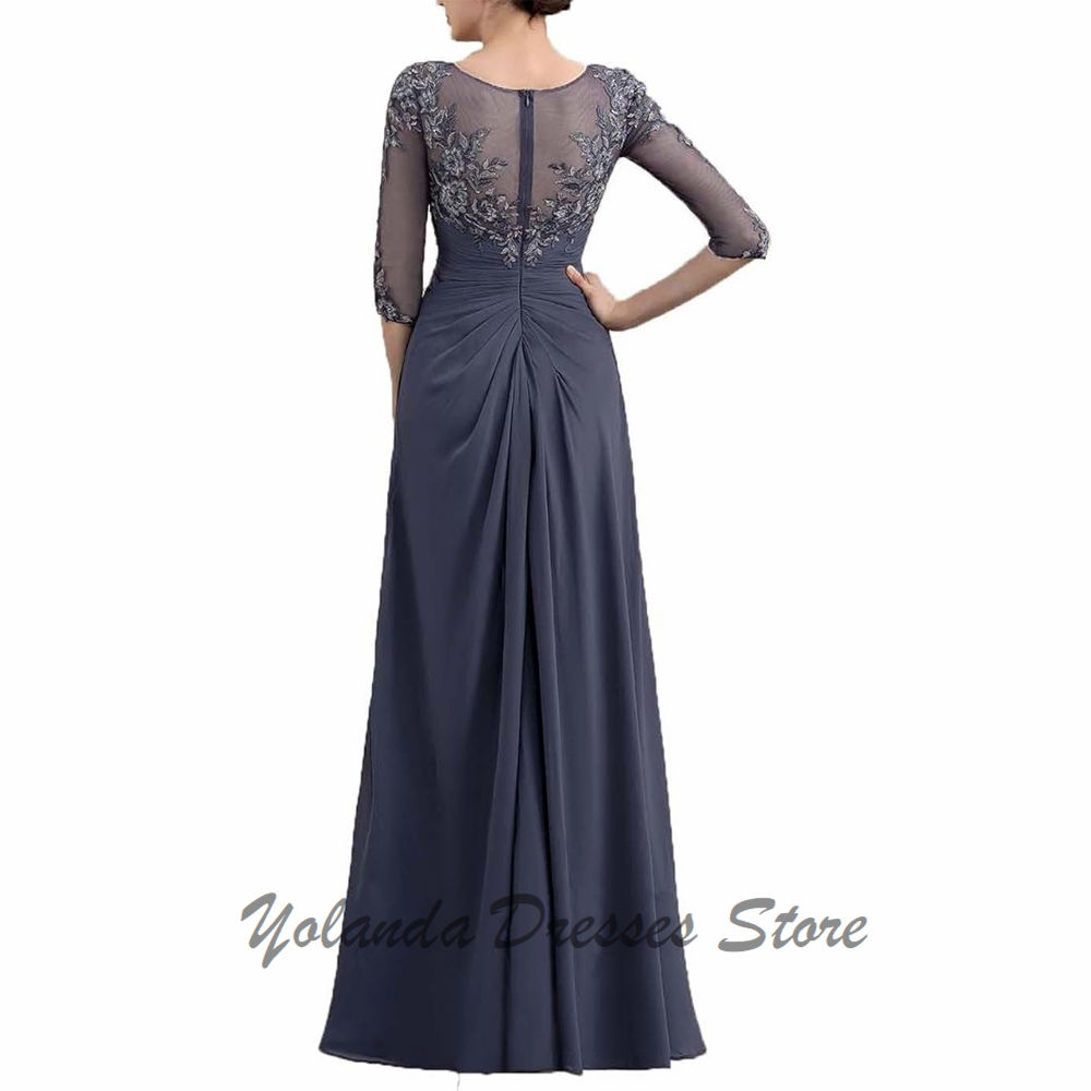 Robe  pour mère de la mariée ,appliqués en dentelle, manches 3/4, col rond, long