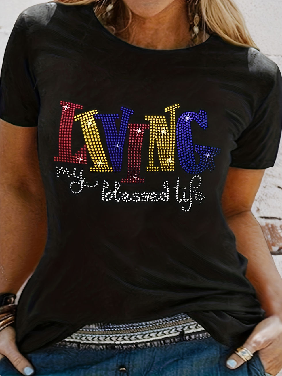 Miniature : Plus Size Womens Rhinestone Alphabet Crew Neck Short Sleeve High Stretch Casual 
