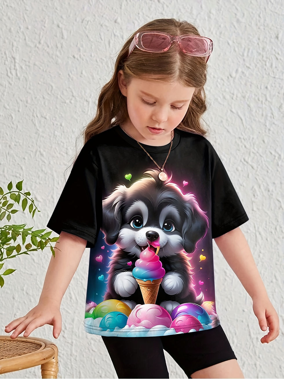 Miniatura: 
 T-shirt fille manches courtes avec imprimé animaux cartoon, col rond, style d