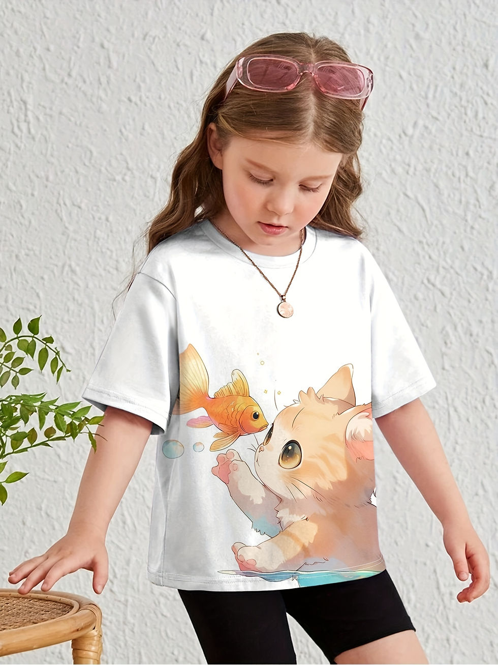 Miniatura: 
 T-shirt fille manches courtes avec imprimé animaux cartoon, col rond, style d