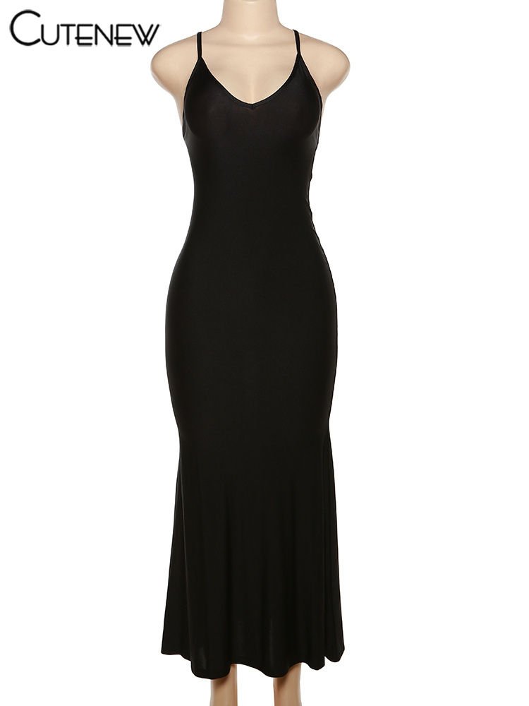Thumbnail: Robe longue pour femme, bretelles fines, dos nu.