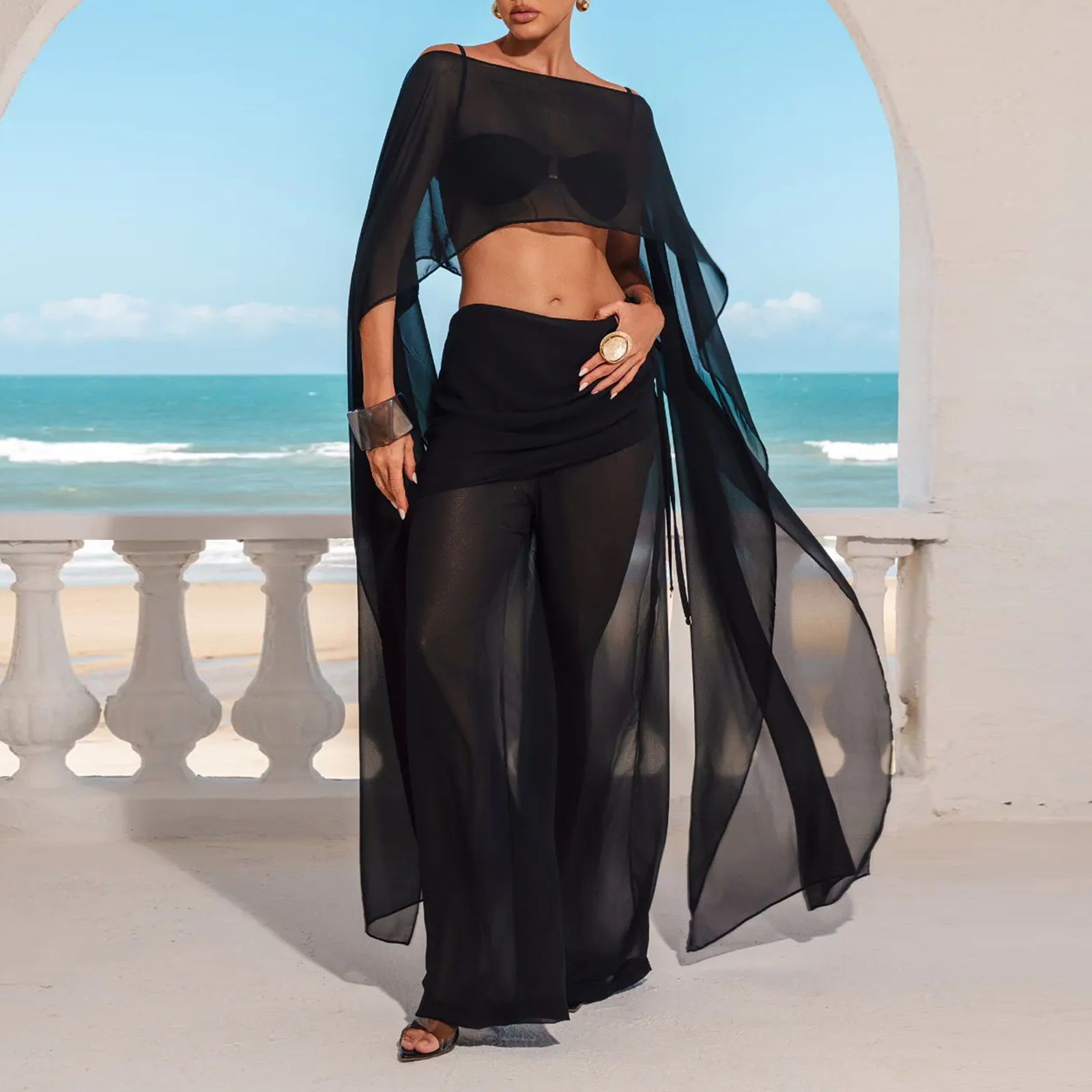 Ensemble Femme Chiffon Long Cape Filet Transparent