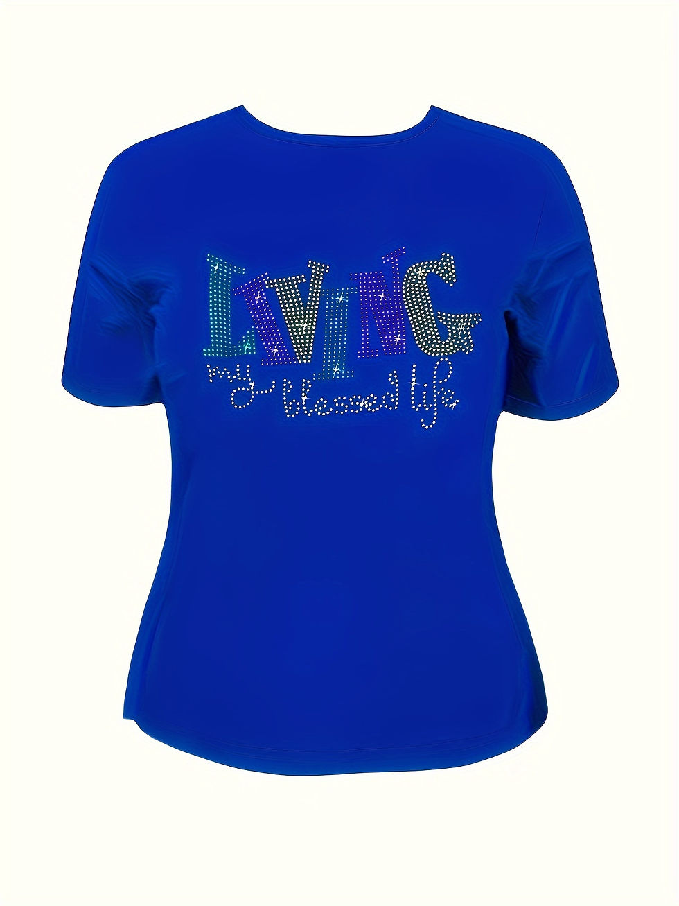 Miniature : Plus Size Womens Rhinestone Alphabet Crew Neck Short Sleeve High Stretch Casual 