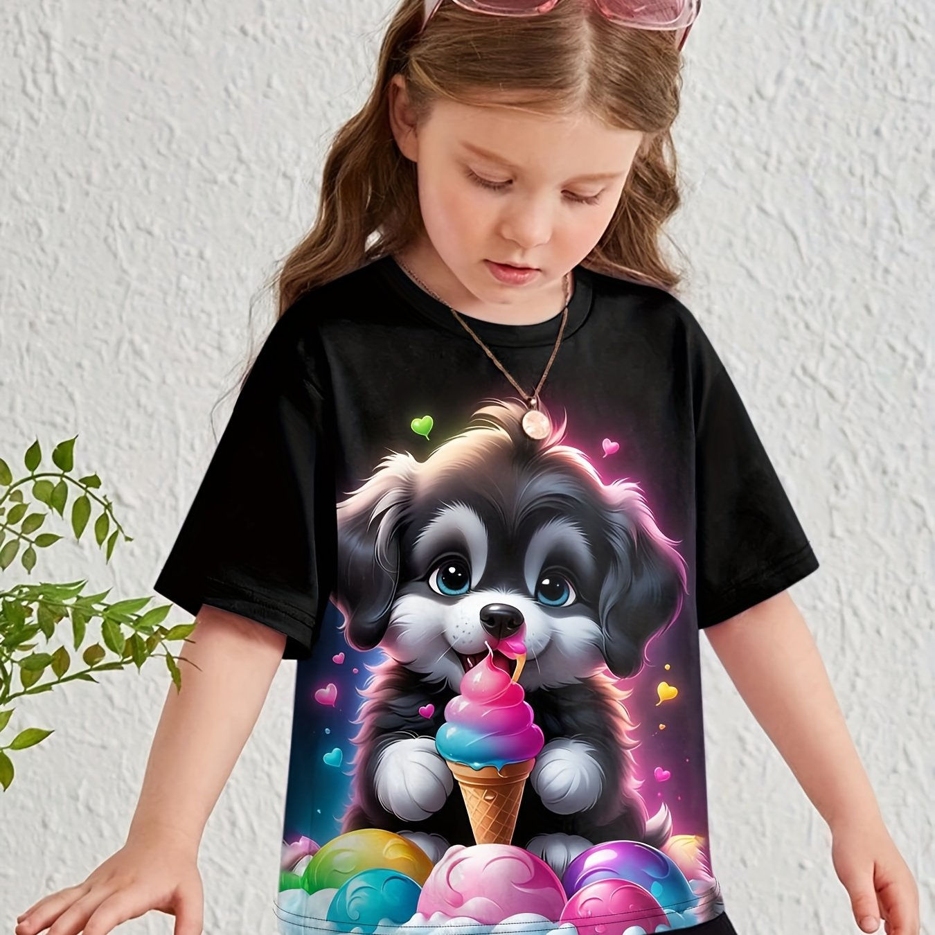 
 T-shirt fille manches courtes avec imprimé animaux cartoon, col rond, style d