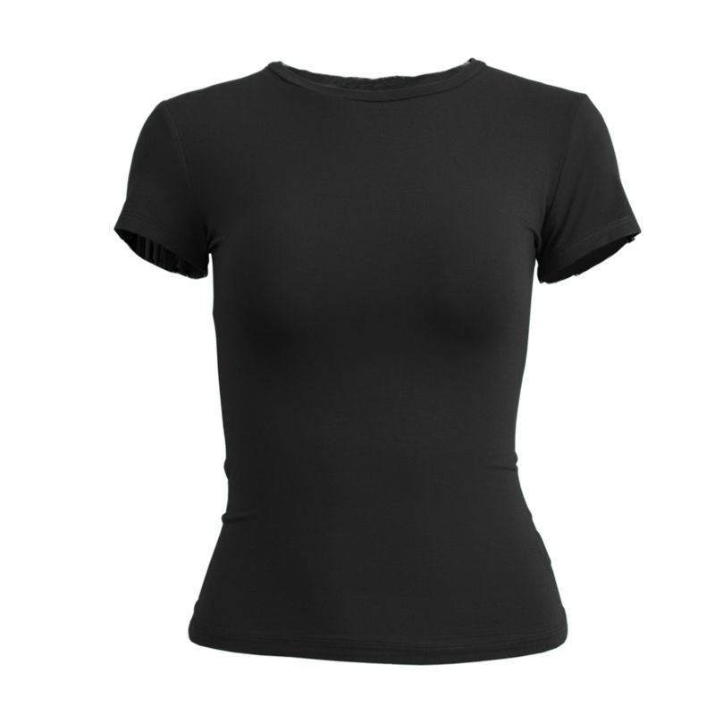 Miniature : T-shirt femme à manches courtes, coupe slim, col rond, en maille