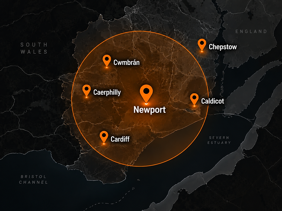 Coverage map of South Wales showing service areas around Newport