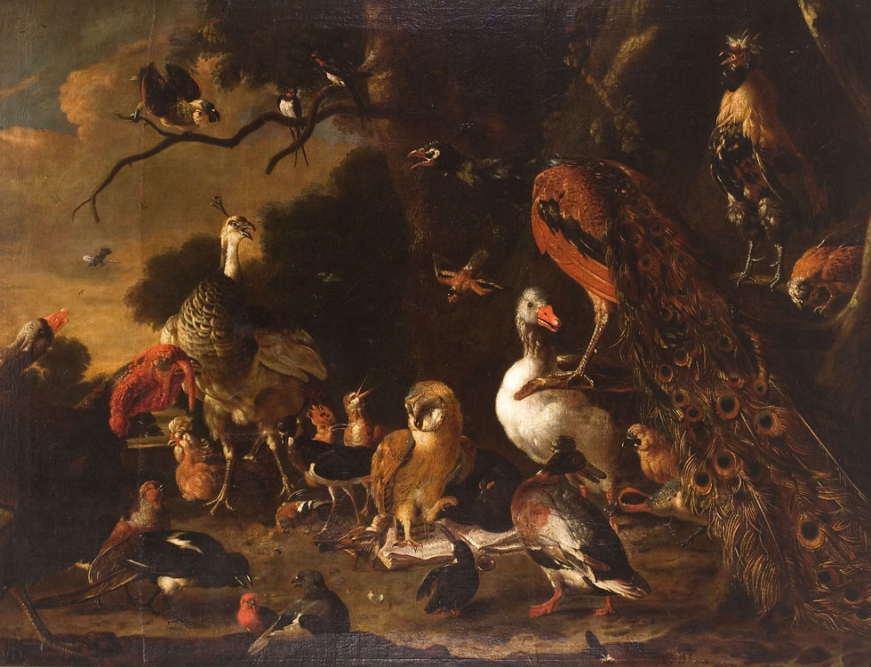 Nežinomas XVIII a. dailininkas pagal Melchiorą de Hondecoeterį (1636–1695). Paukščių koncertas. Drobė, aliejus. Lietuvos nacionalinis dailės muziejus. T 4030