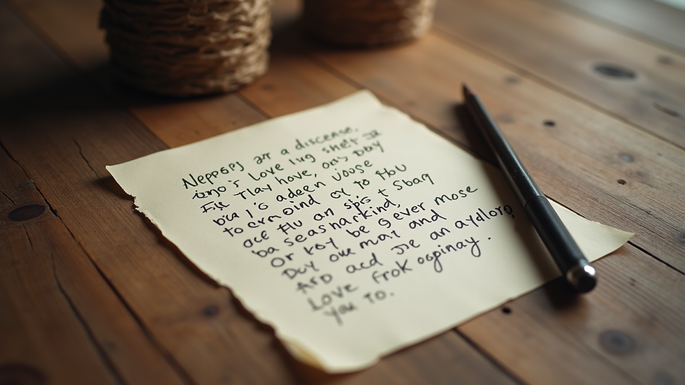 High angle view of a handwritten love letter on a rustic wooden table