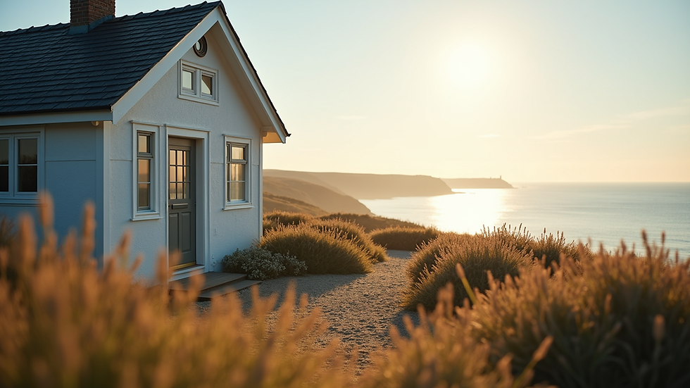 Eye-level view of a cozy seaside cottage with soft morning light