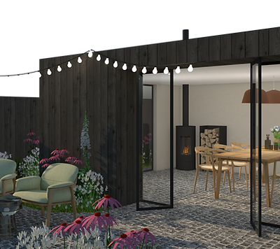 render van buitenhuis of poolhouse met kachel om gezellig te verwarmen