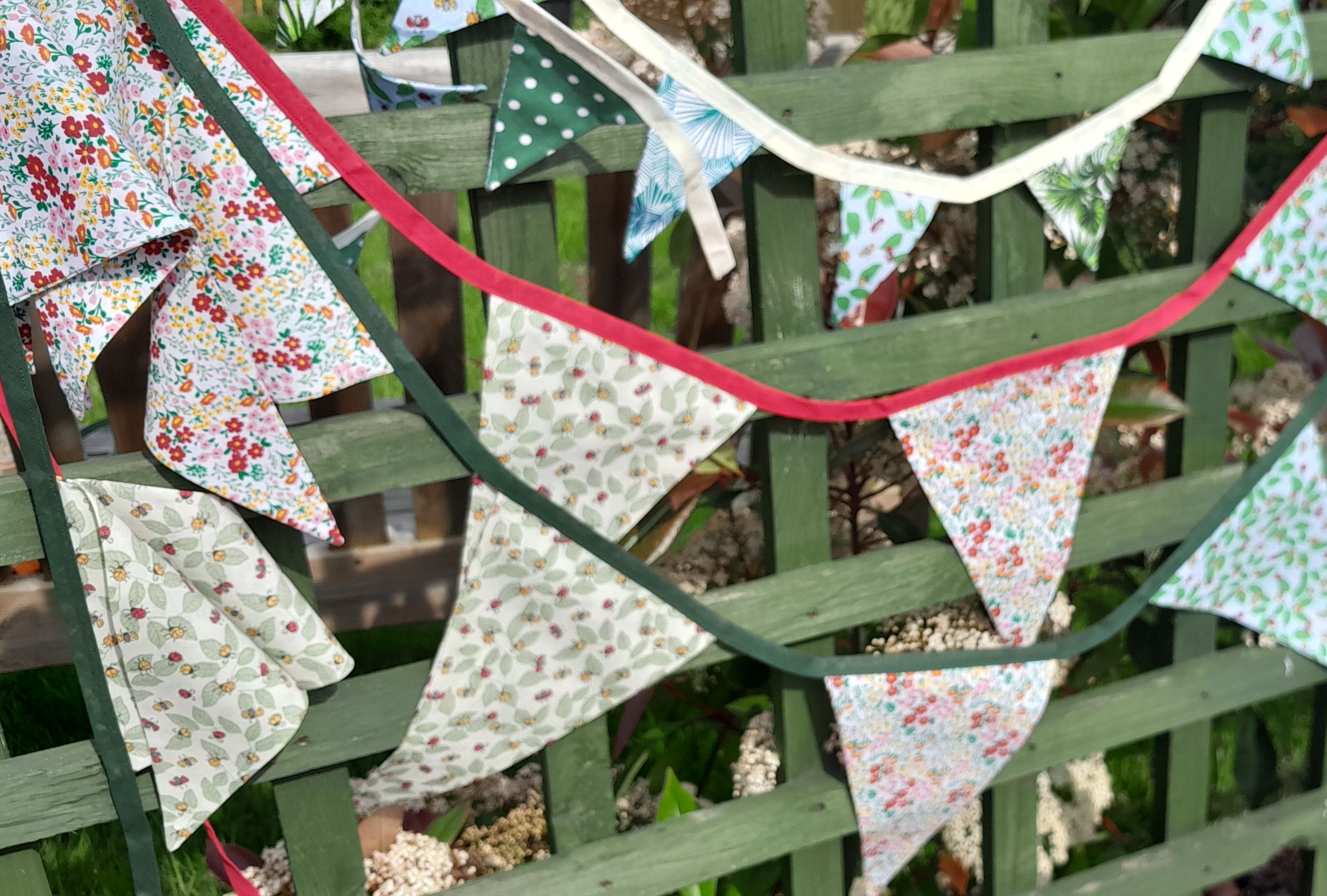 LADYBIRDS & FLORAL FABRIC bunting - 3.8m / 4.3m lengths plus 2.1m mini flags