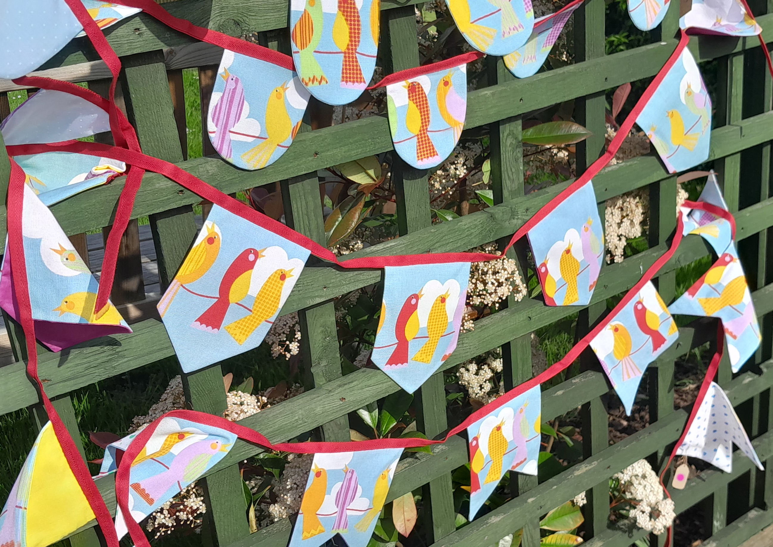 BIRDS THEMED fabric BUNTING on light blue background, in 3 different shaped flag