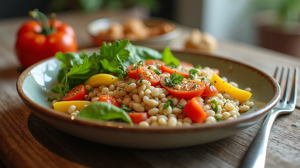 Eye-level view of a healthy meal with colorful vegetables and grains