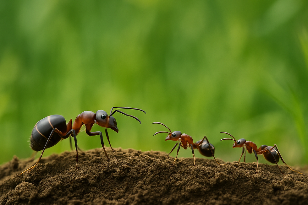 Photo horizontale de fourmis sur une butte de terre, fond vert flou